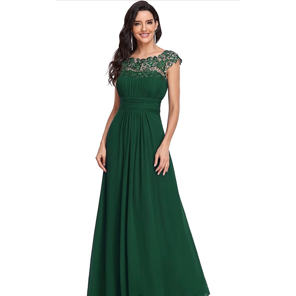 Ever-Pretty Womens Cap Sleeve Lace Neckline Ruched Bust Evening Gown